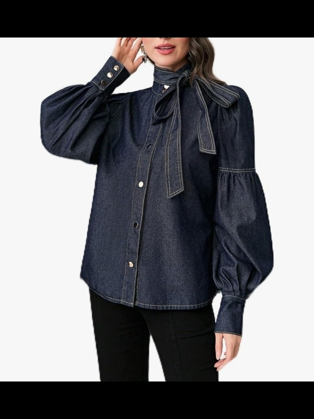 Utcoco Tied-Neck Dark Denim Button-Down Blouse